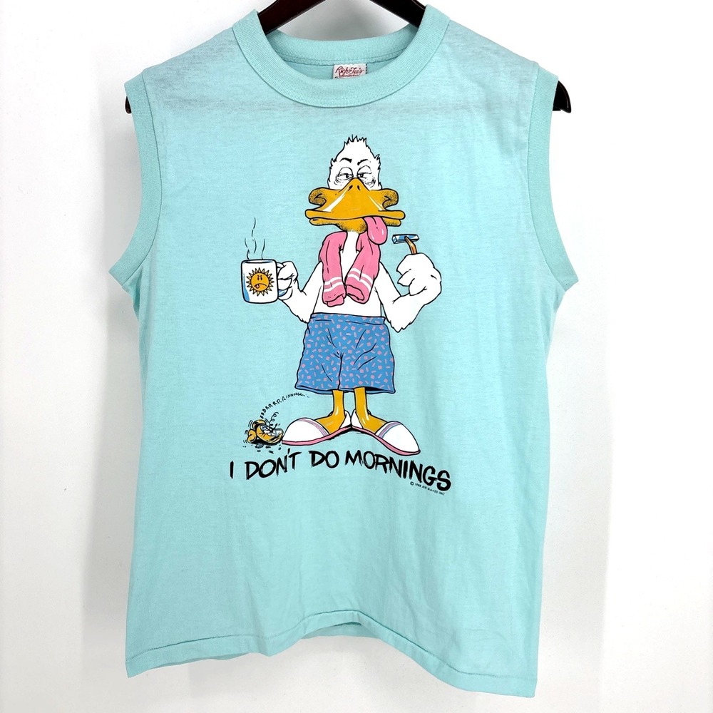 Vintage I Don't Do Mornings Duck Shirt Tank Mens L Blue Made in USA 80s